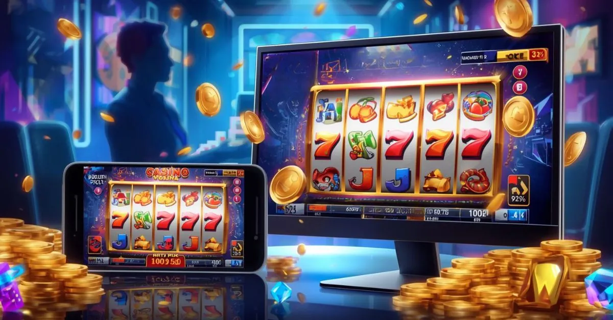 Écran d’ordinateur et smartphone affichant des machines à sous en ligne colorées, avec des pièces d’or flottantes et une ambiance numérique dynamique.