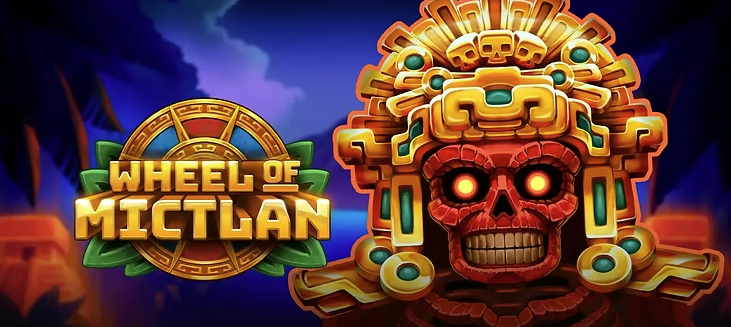 Jeu de casino Wheel of Mictlan avec roue dorée et masque aztèque lumineux, ambiance colorée inspirée de la mythologie mexicaine