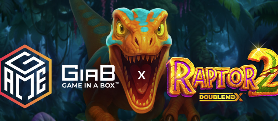 Dinosaur raptor rugissant dans une jungle avec logos Game in a Box, Yggdrasil et titre Raptor DoubleMax 2, jeu de casino en ligne
