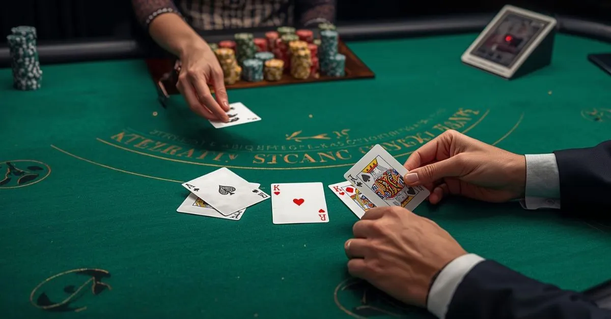 Gros plan sur une table de blackjack dans un casino, avec un joueur tenant ses cartes face visible tandis que le croupier distribue les cartes, entouré de jetons empilés.
