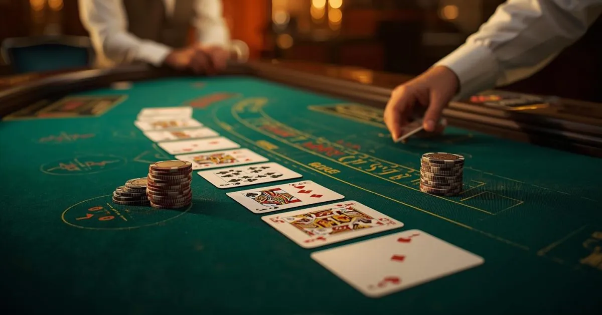 Dés lancés en l’air au-dessus d’une table de casino, entourés de joueurs et de jetons, avec un effet lumineux dramatique.
