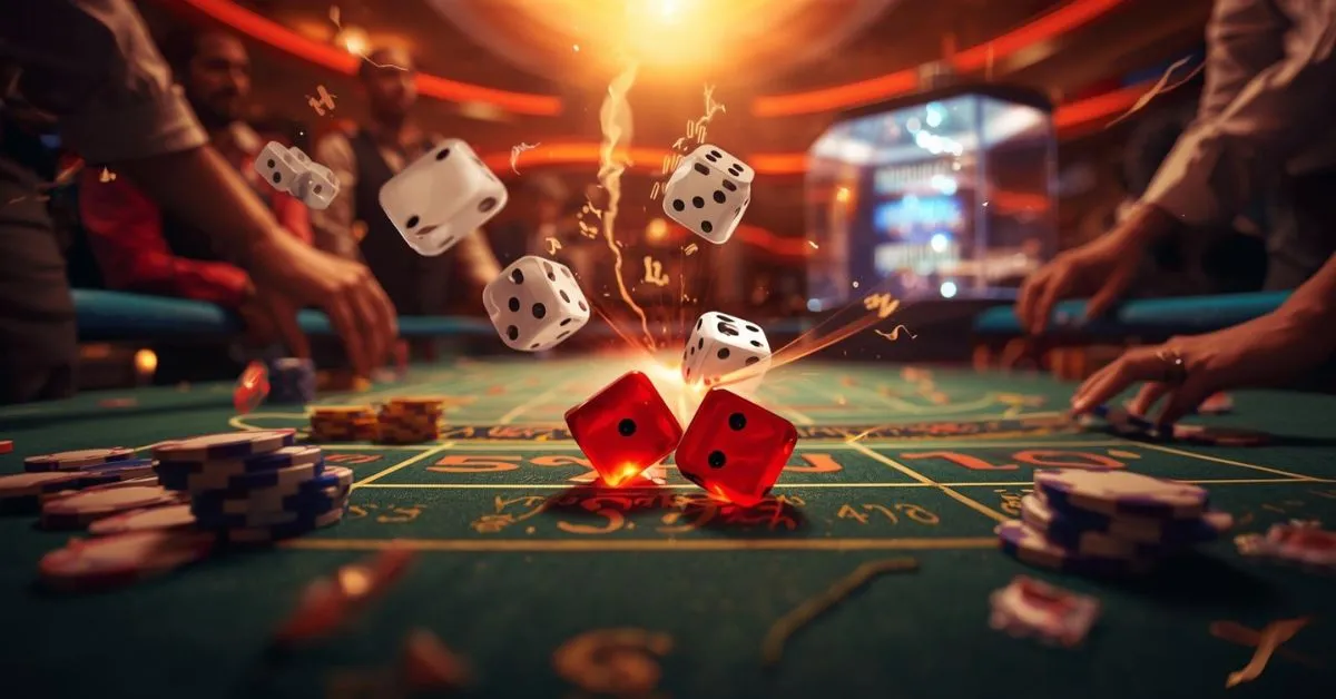 Dés lancés en l’air au-dessus d’une table de casino, entourés de joueurs et de jetons, avec un effet lumineux dramatique.